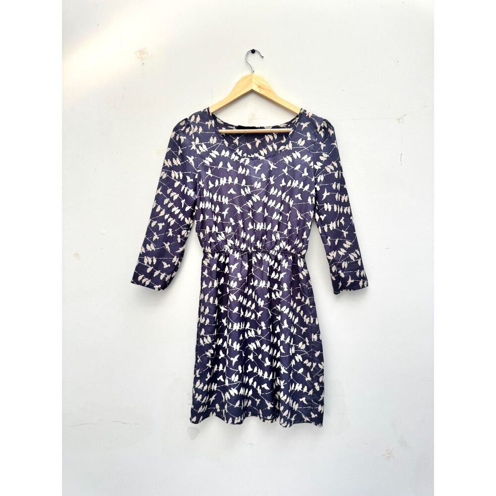 Peaches N Cream Navy Bird Print Dress Size Small Made in USA